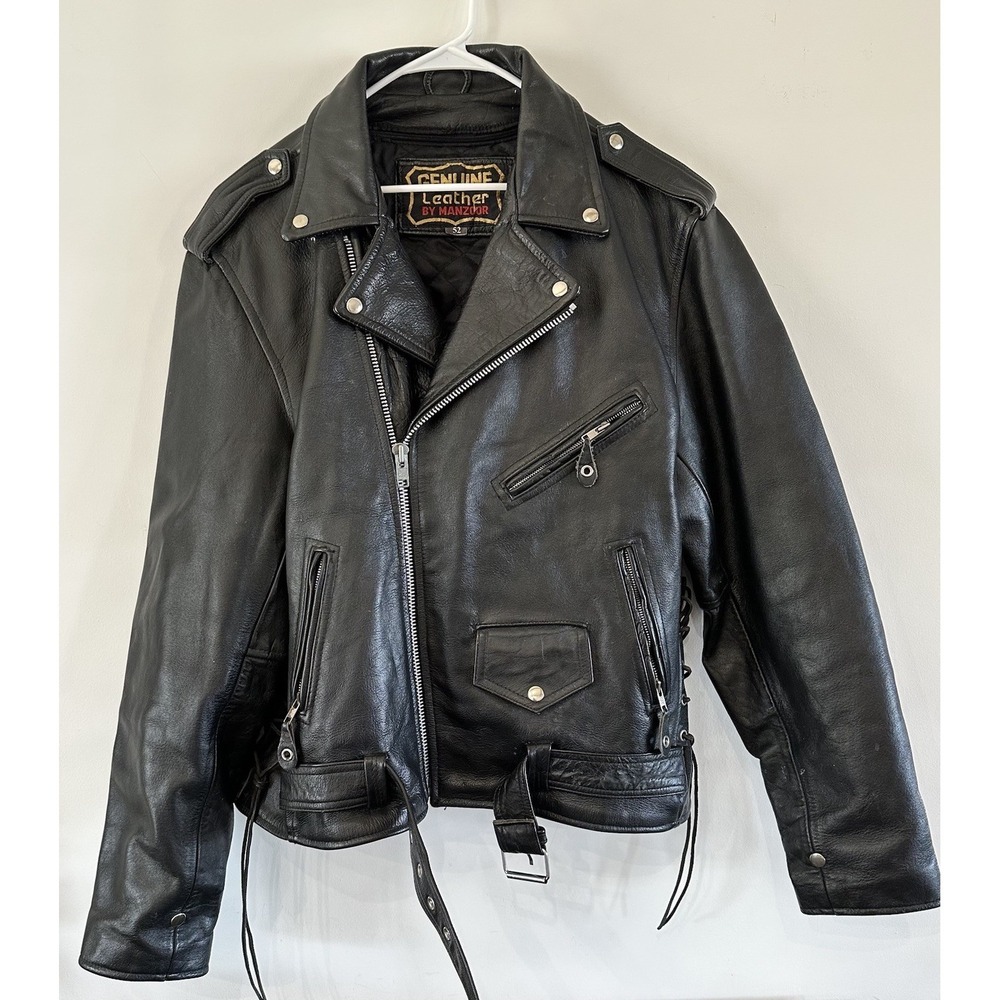 VTG 80's Heavy Genuine Leather Manzoor Motorcycle Jacket Biker 52 Zip Out Liner